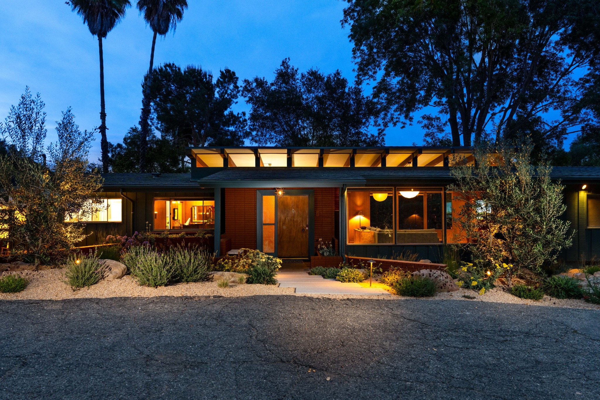 Twilight exterior of 2046 Los Encinos Road in Ojai